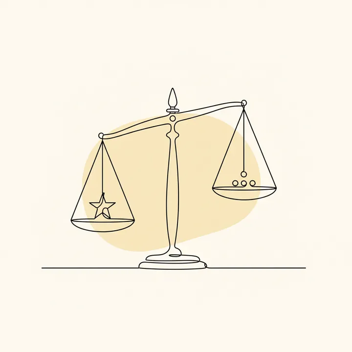 Continuous-line illustration of a balance scale weighing a star against three plain dots