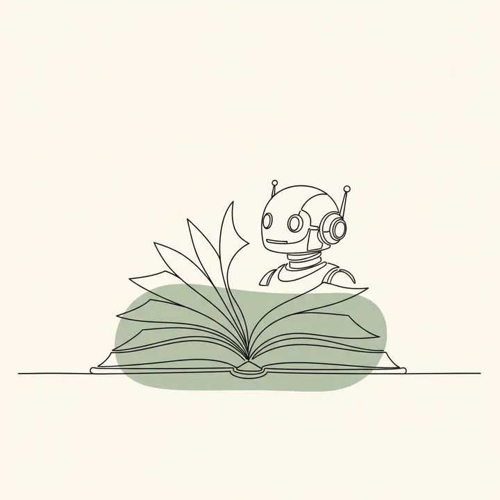 Continuous-line illustration of a friendly robot reading an open book