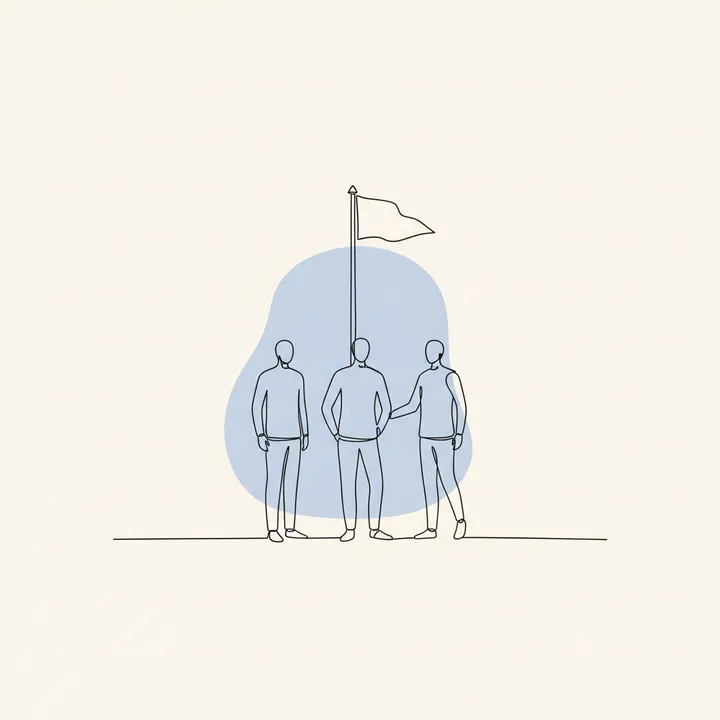 Continuous-line illustration of three people standing around one planted flag